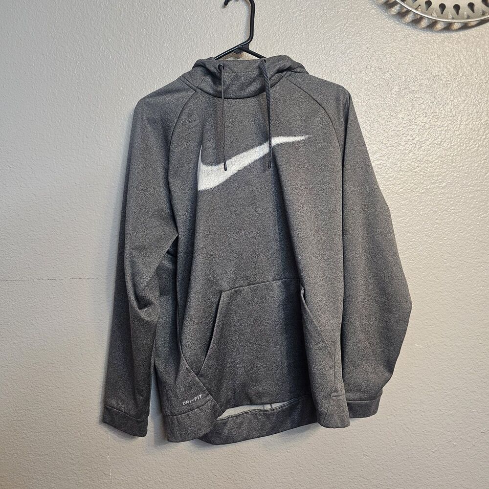 Nike Dri-FIT Men L Gray Pullover Hoodie Sweatshirt Athletic Training Swoosh H378